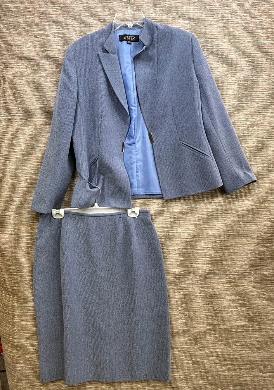 Kasper Skirt Suit Womens Size 12P Blue Petite 2 Piece Blazer Skirt Lined Career